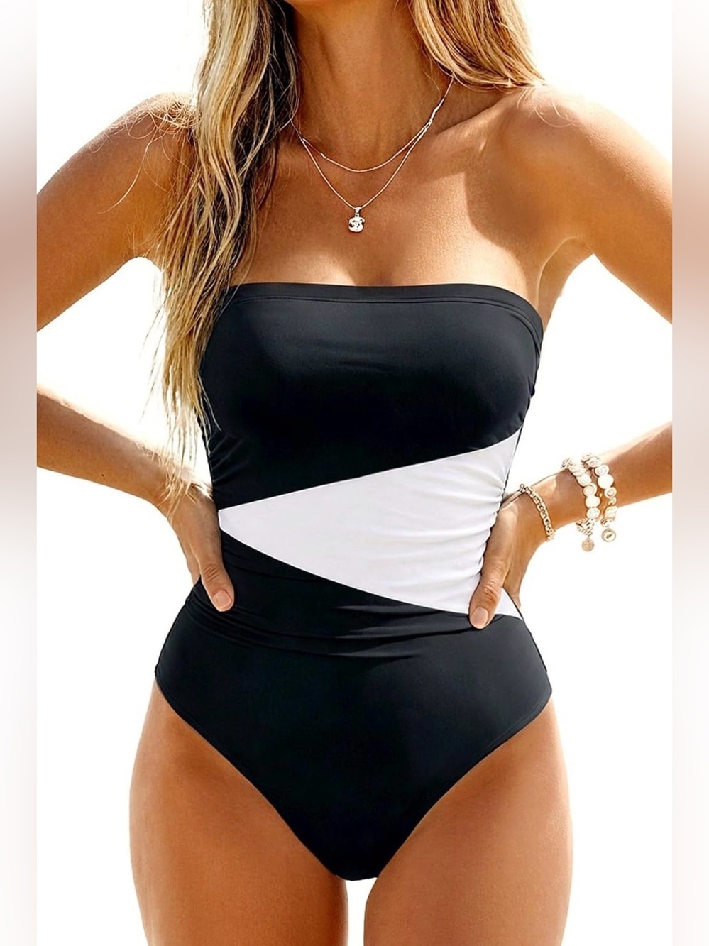 0165: Strapless Black & White Colorblock One-Piece Swimsuit